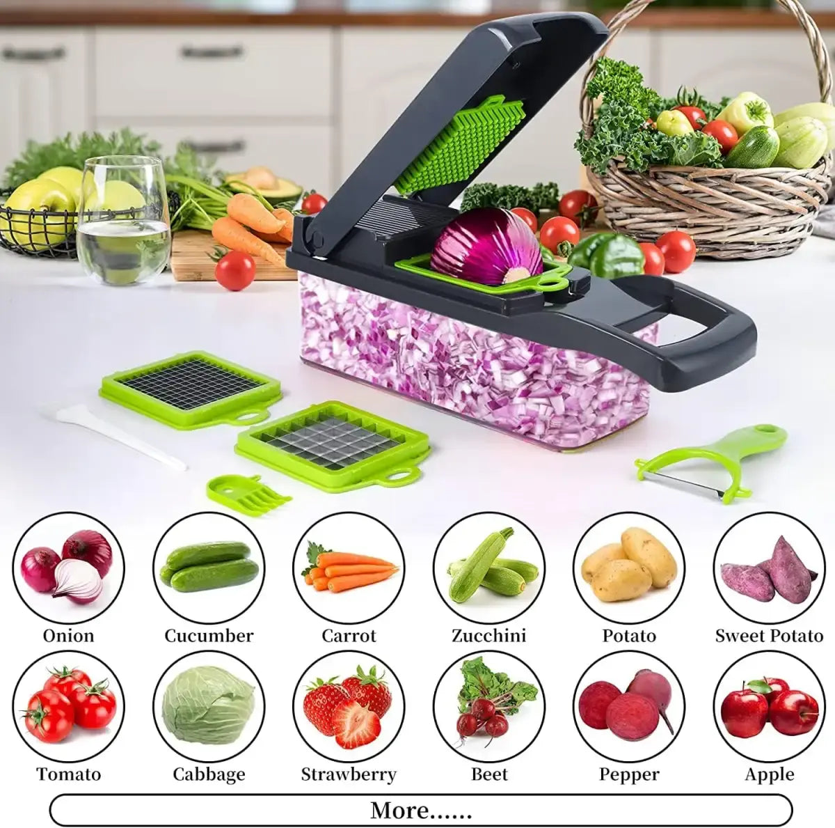 16-in-1 Stainless Steel Vegetable Chopper with 8 Interchangeable Blades - Durable PP and Steel Construction for Efficient Peeling and Cutting of Vegetables