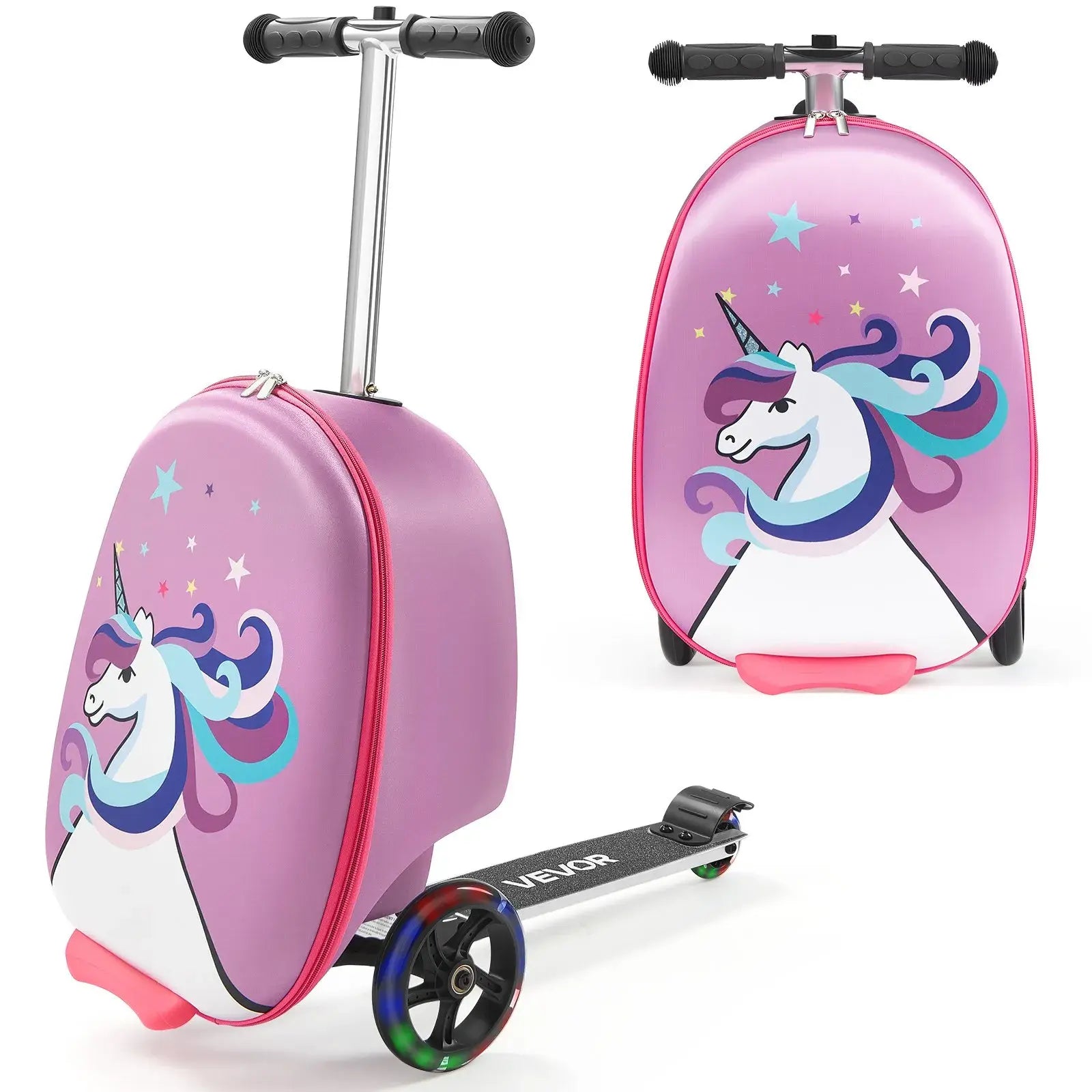VEVOR Ride-On Luggage, Kids Scooter Suitcase with Flash PU Wheels, Adjustable Handle & TPR Non-Slip Grip, Foldable & Lightweight Scooter Luggage for Kids Aged 5+, Purple
