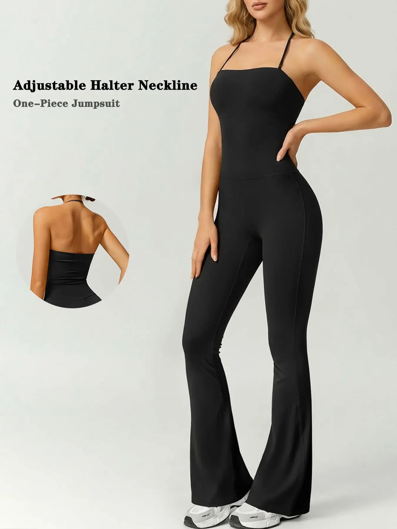 Women'S Halter Neck Sleeveless Yoga Bodysuit Soft Nylon-Spandex Blend Flare Leg One-Piece Sporty Jumpsuit Activewear for Daily Wear Outdoor Training & Fitness All Season Workout Jumpsuit