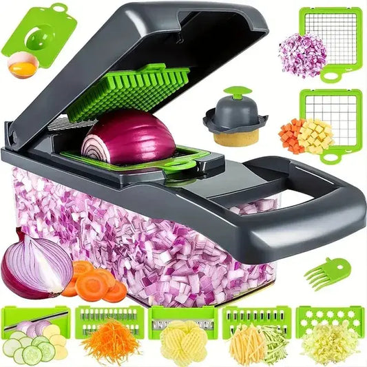 16-in-1 Stainless Steel Vegetable Chopper with 8 Interchangeable Blades - Durable PP and Steel Construction for Efficient Peeling and Cutting of Vegetables