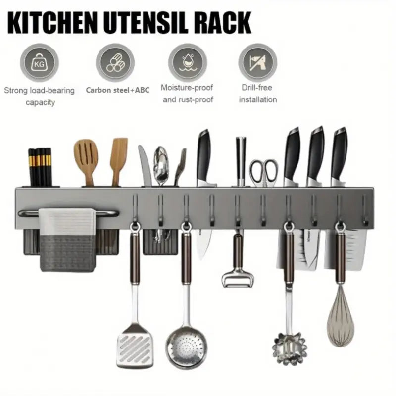 Multi-Functional Wall-Mounted Kitchen Storage Rack, Kitchenware - Heavy-Duty Carbon Steel Knife Holder, Japanese Knife Storage Rack, No-Drill Installation, Suitable for Storing Knives, Cutlery, and Cutting Boards in Homes and Restaurants, Space-Saving