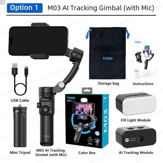 M03 Handheld Gimbal 3-Axis AI Tracking Stabilizer with Wireless Microphone for Smartphones Shooting Vlog, with Fill Light