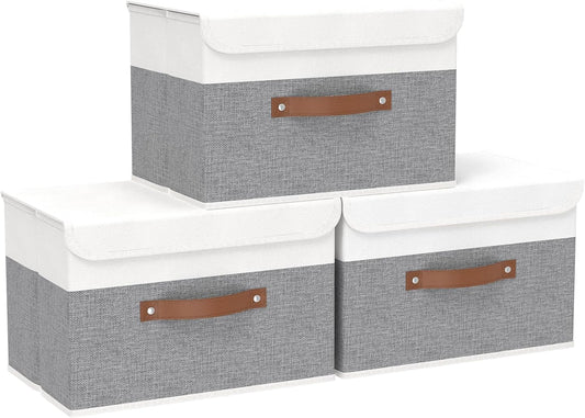 Storage Bins with Lids, Fabric Foldable Boxes, Washable and Leather Handle, Cube Organizer Basket for Home, Closet, White/Grey, 17.7''Lx11.8''Wx11.8''H, 3-Pack, USNK024WGX-3