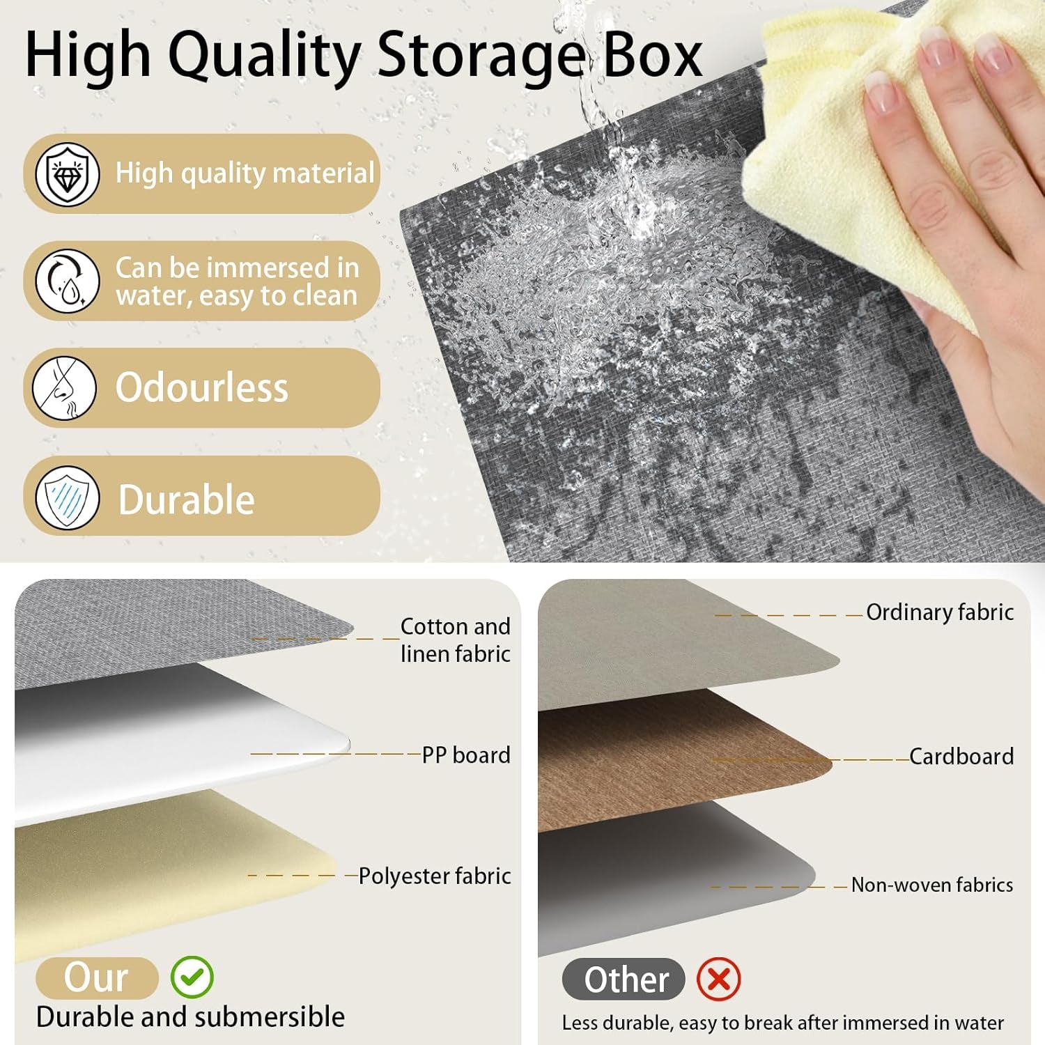 Storage Bins with Lids, Fabric Foldable Boxes, Washable and Leather Handle, Cube Organizer Basket for Home, Closet, White/Grey, 17.7''Lx11.8''Wx11.8''H, 3-Pack, USNK024WGX-3