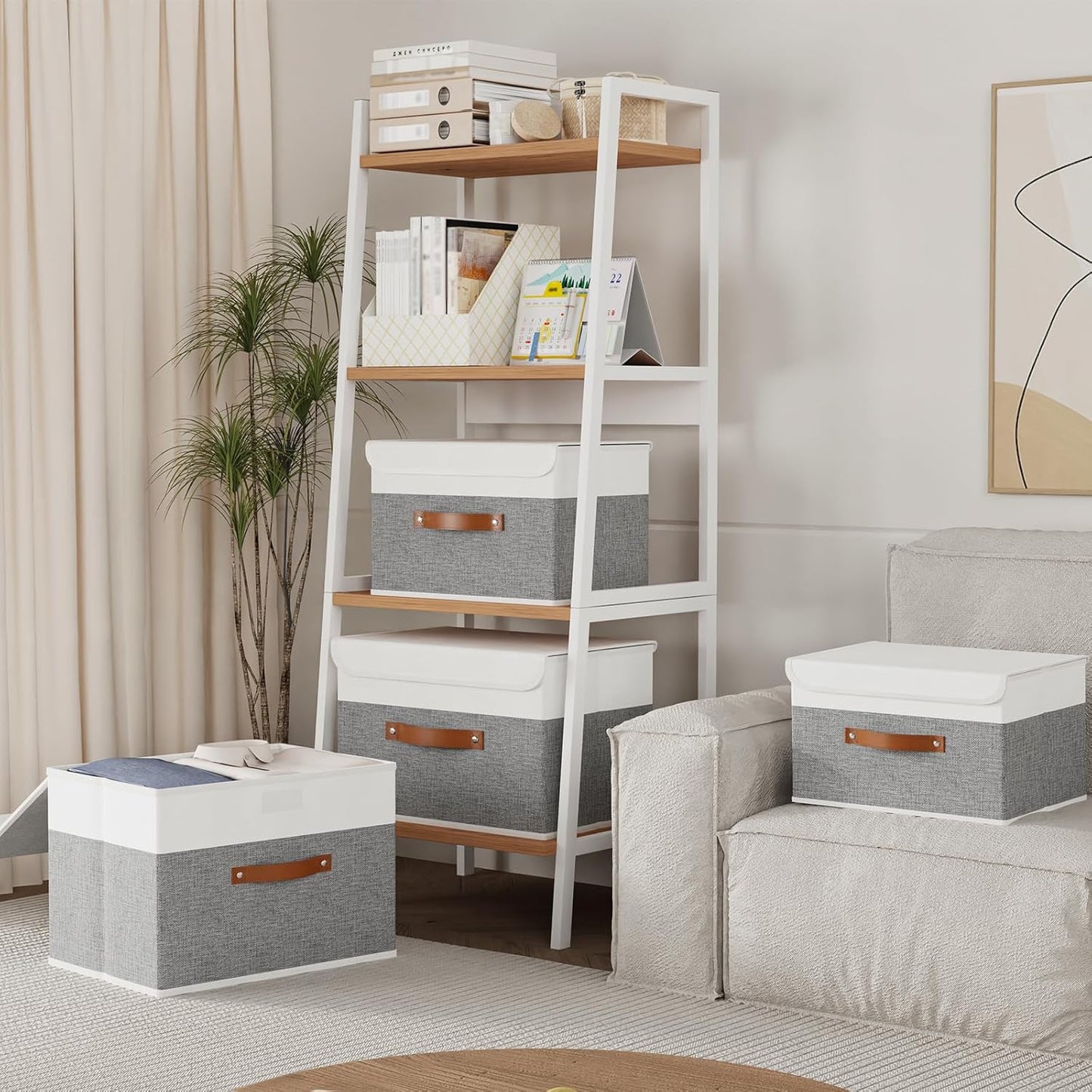 Storage Bins with Lids, Fabric Foldable Boxes, Washable and Leather Handle, Cube Organizer Basket for Home, Closet, White/Grey, 17.7''Lx11.8''Wx11.8''H, 3-Pack, USNK024WGX-3