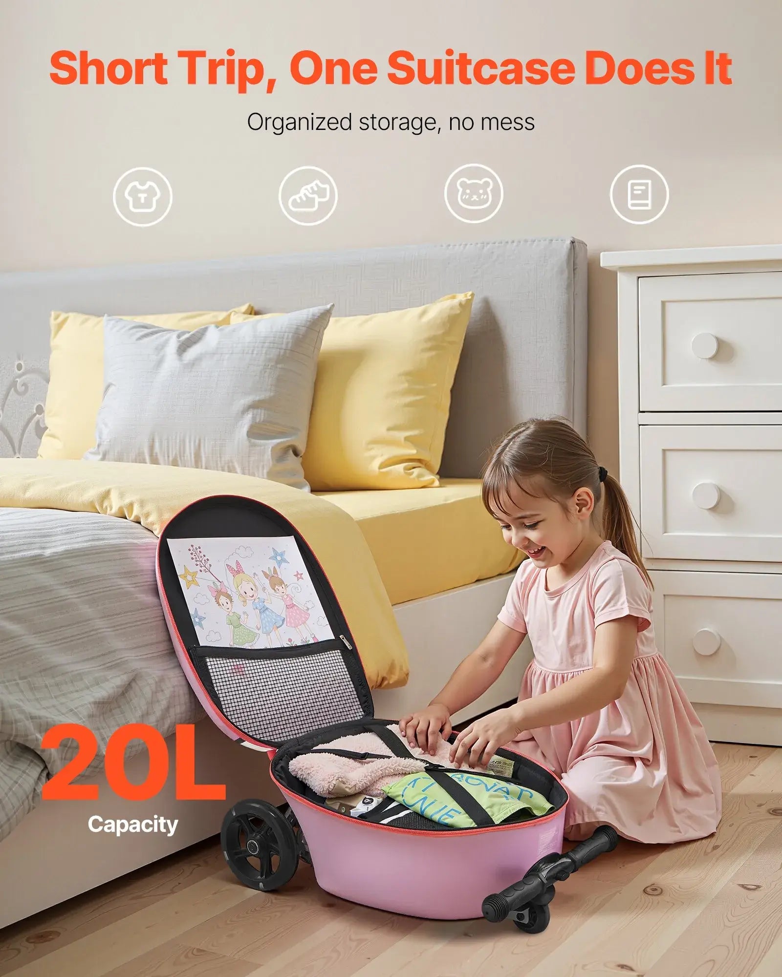 VEVOR Ride-On Luggage, Kids Scooter Suitcase with Flash PU Wheels, Adjustable Handle & TPR Non-Slip Grip, Foldable & Lightweight Scooter Luggage for Kids Aged 5+, Purple