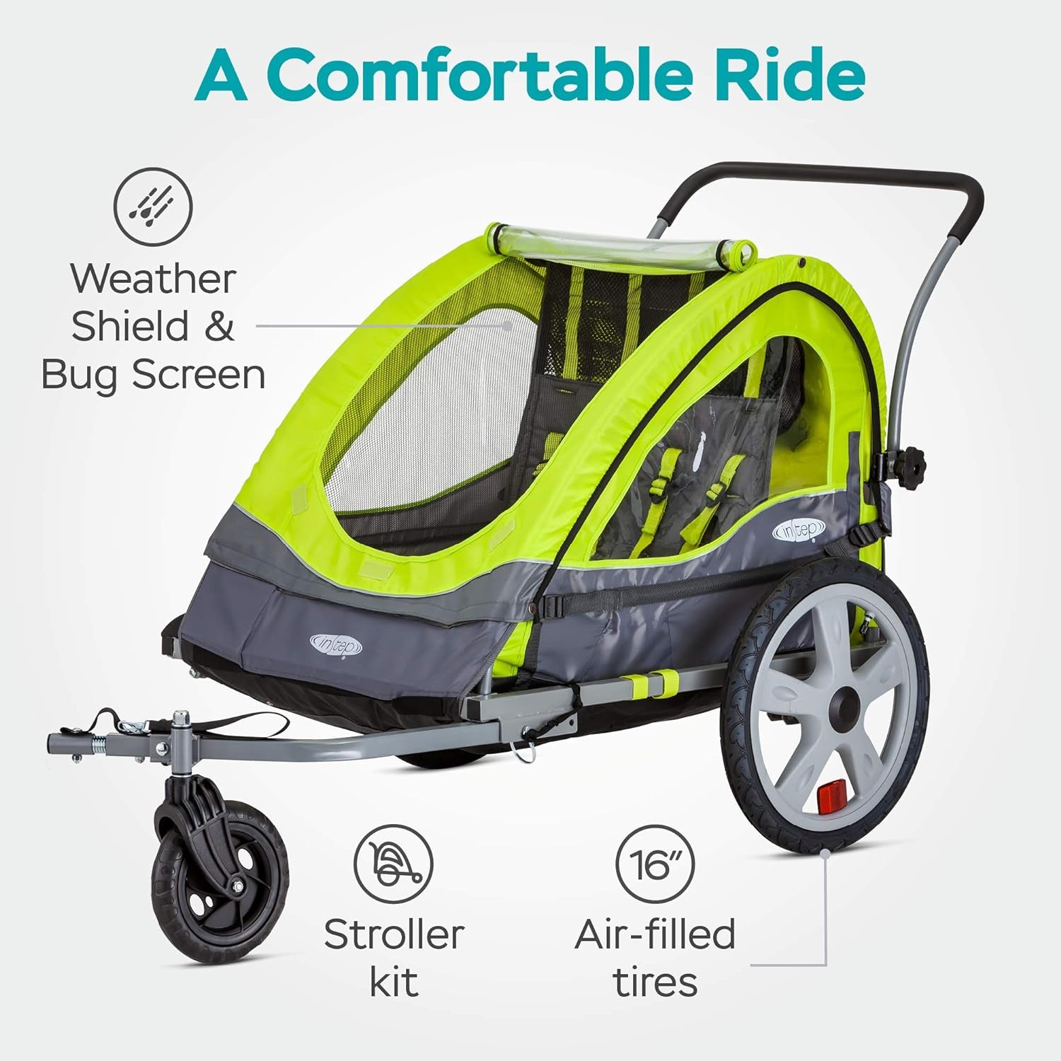 Quick-N-Ez Double Tow Behind Bike Trailer for Toddlers and Kids - Convertible Stroller and Jogger with 2-In-1 Canopy, Universal Bicycle Coupler, and Folding Frame Available in Multiple Colors