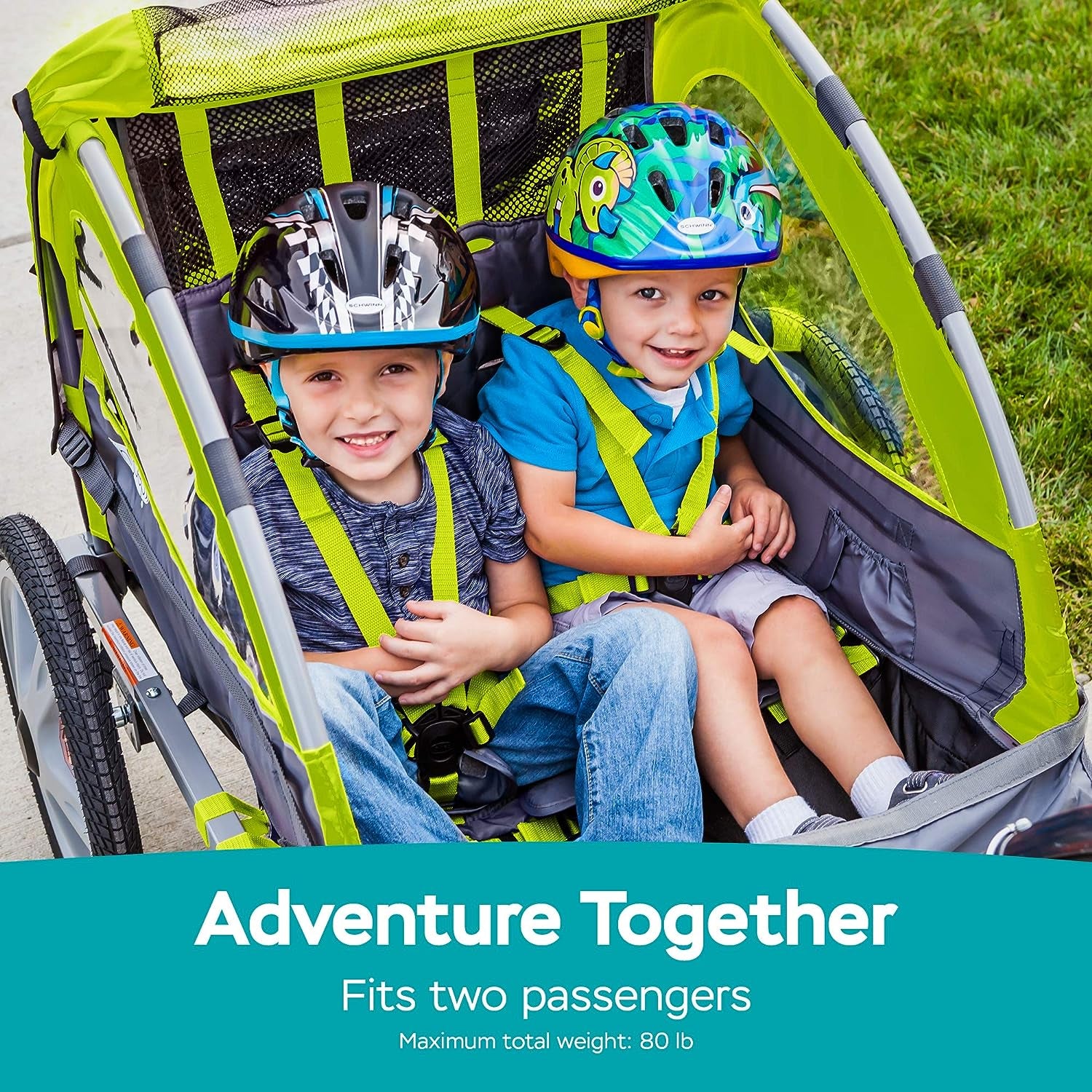Quick-N-Ez Double Tow Behind Bike Trailer for Toddlers and Kids - Convertible Stroller and Jogger with 2-In-1 Canopy, Universal Bicycle Coupler, and Folding Frame Available in Multiple Colors