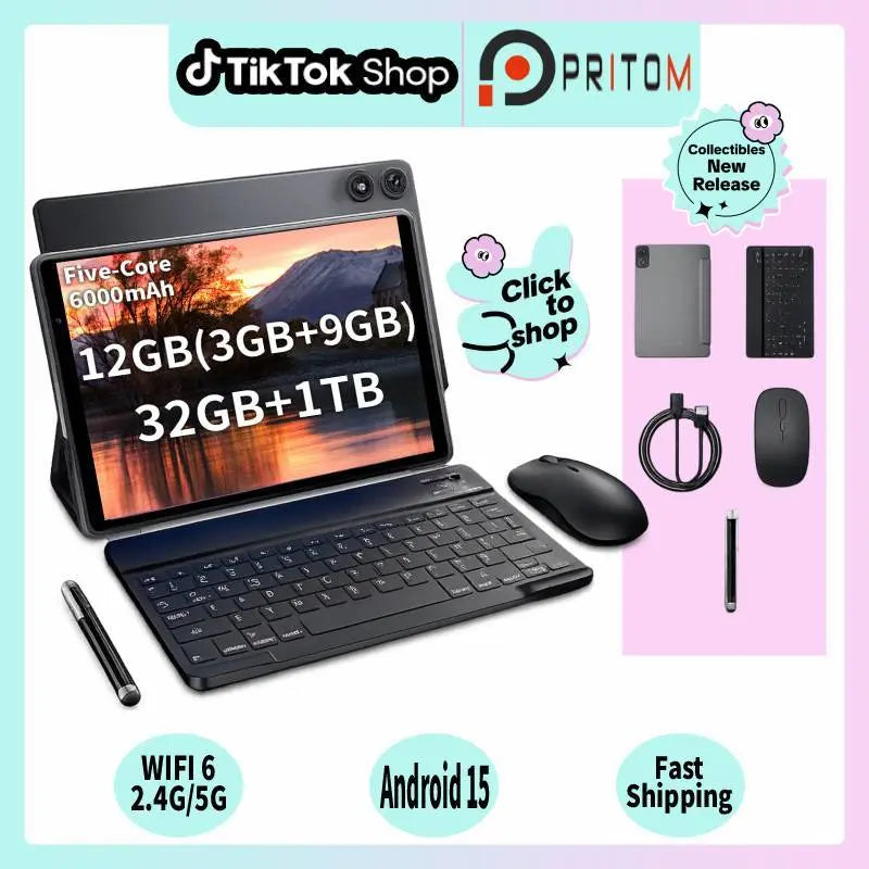 Pritom 10” Android 15 Tablet: 5G WiFi, 12GB RAM, 32GB Storage with 1TB Expansion, 6000mAh Battery – Ideal for Work and Entertainment, Enhanced Performance and Durability