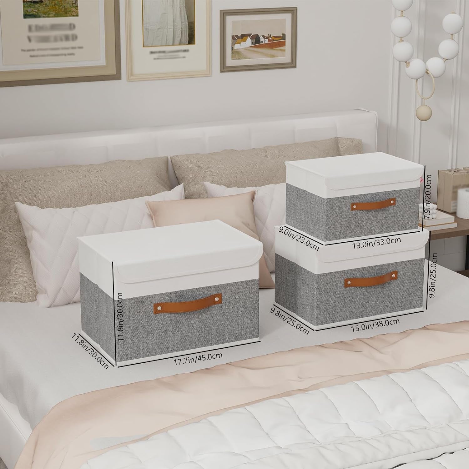 Storage Bins with Lids, Fabric Foldable Boxes, Washable and Leather Handle, Cube Organizer Basket for Home, Closet, White/Grey, 17.7''Lx11.8''Wx11.8''H, 3-Pack, USNK024WGX-3