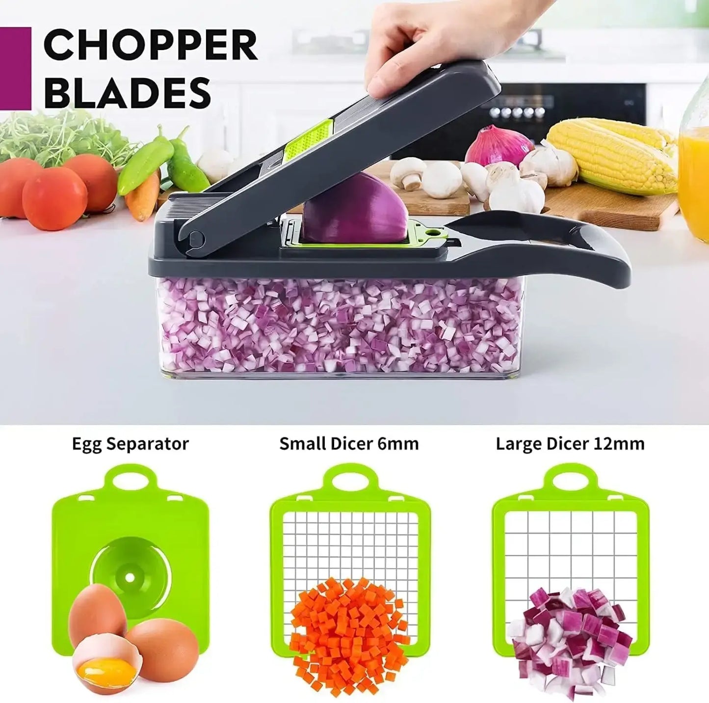 16-in-1 Stainless Steel Vegetable Chopper with 8 Interchangeable Blades - Durable PP and Steel Construction for Efficient Peeling and Cutting of Vegetables