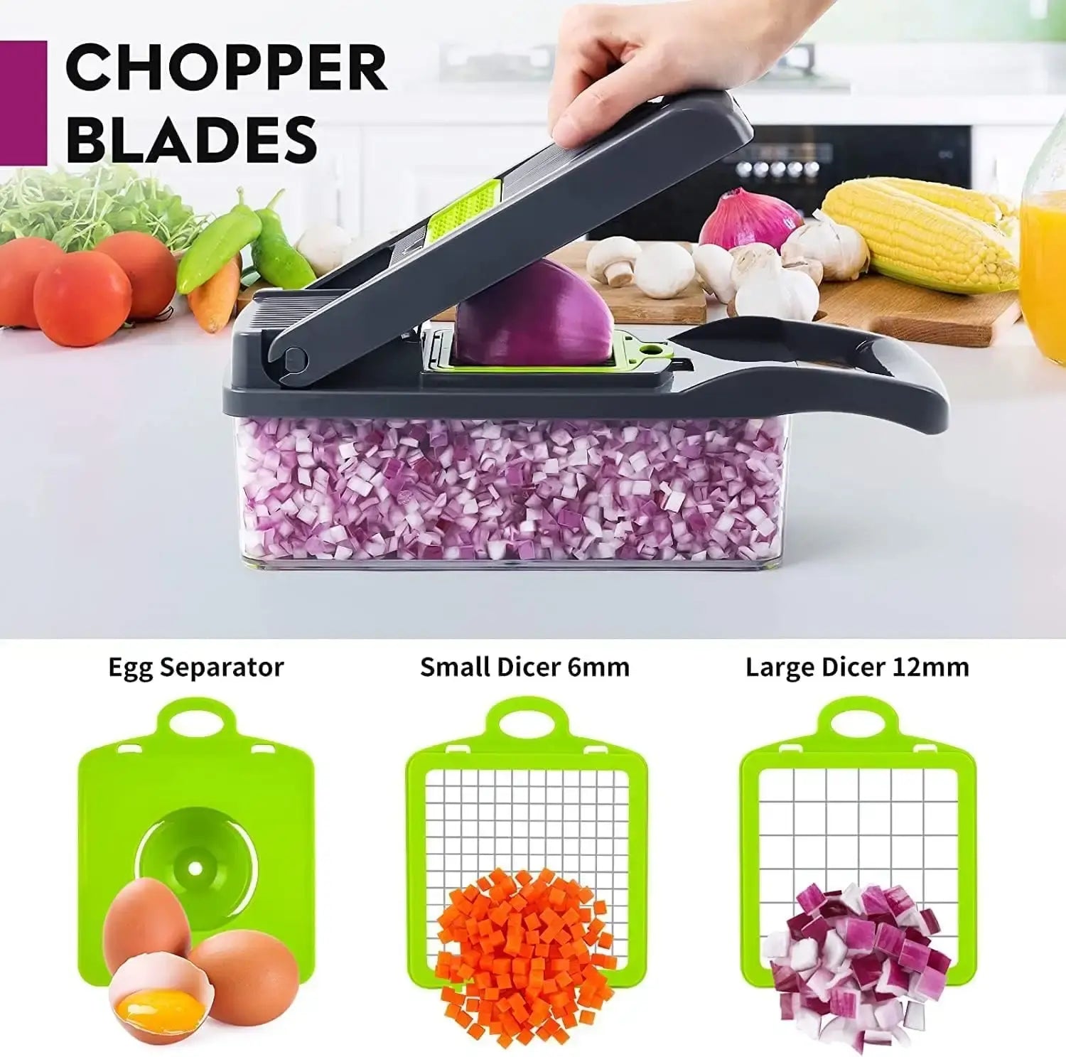 16-in-1 Stainless Steel Vegetable Chopper with 8 Interchangeable Blades - Durable PP and Steel Construction for Efficient Peeling and Cutting of Vegetables