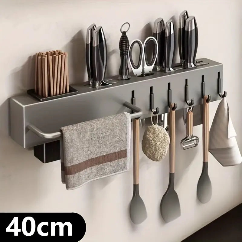 Multi-Functional Wall-Mounted Kitchen Storage Rack, Kitchenware - Heavy-Duty Carbon Steel Knife Holder, Japanese Knife Storage Rack, No-Drill Installation, Suitable for Storing Knives, Cutlery, and Cutting Boards in Homes and Restaurants, Space-Saving