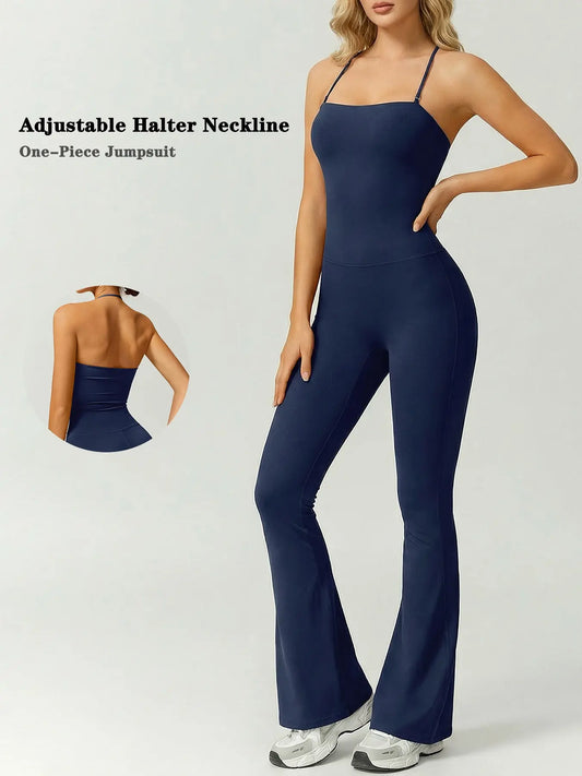 Women'S Halter Neck Sleeveless Yoga Bodysuit Soft Nylon-Spandex Blend Flare Leg One-Piece Sporty Jumpsuit Activewear for Daily Wear Outdoor Training & Fitness All Season Workout Jumpsuit