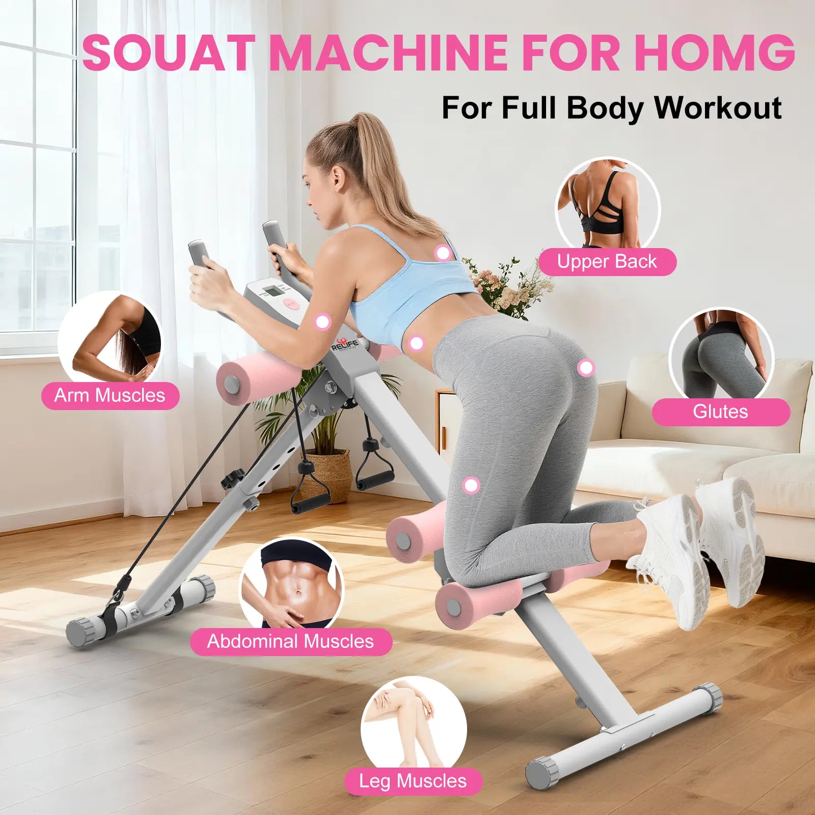 RELIFE SPORTS Foldable Adjustable Ab Trainer with LCD Monitor for Women - 440LBS Capacity, 5-Level Height & 2-Level Incline, Home Gym Equipment, Ideal Gift for Fitness Beginners