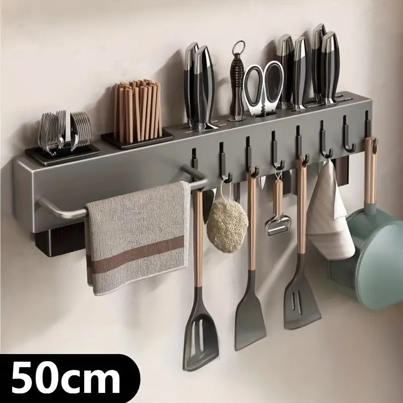 Multi-Functional Wall-Mounted Kitchen Storage Rack, Kitchenware - Heavy-Duty Carbon Steel Knife Holder, Japanese Knife Storage Rack, No-Drill Installation, Suitable for Storing Knives, Cutlery, and Cutting Boards in Homes and Restaurants, Space-Saving