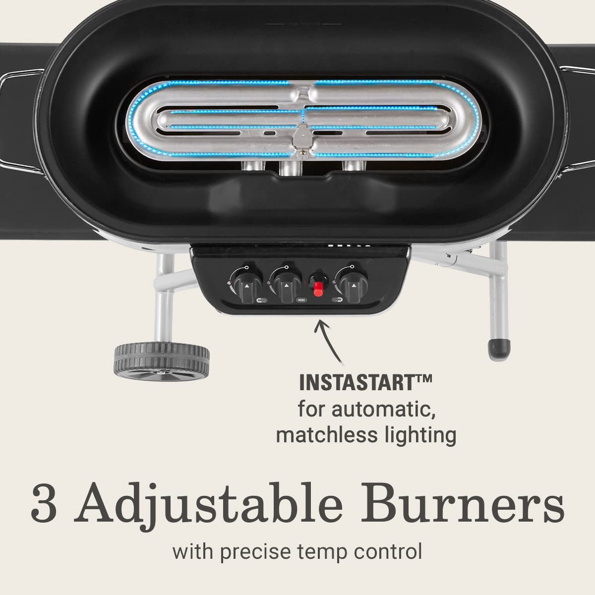 Roadtrip 285 Portable Stand-Up Propane Grill with Three Adjustable Burners and Instastart Ignition – 20,000 BTUs for Outdoor Cooking, Camping, Tailgating, and Barbecuing