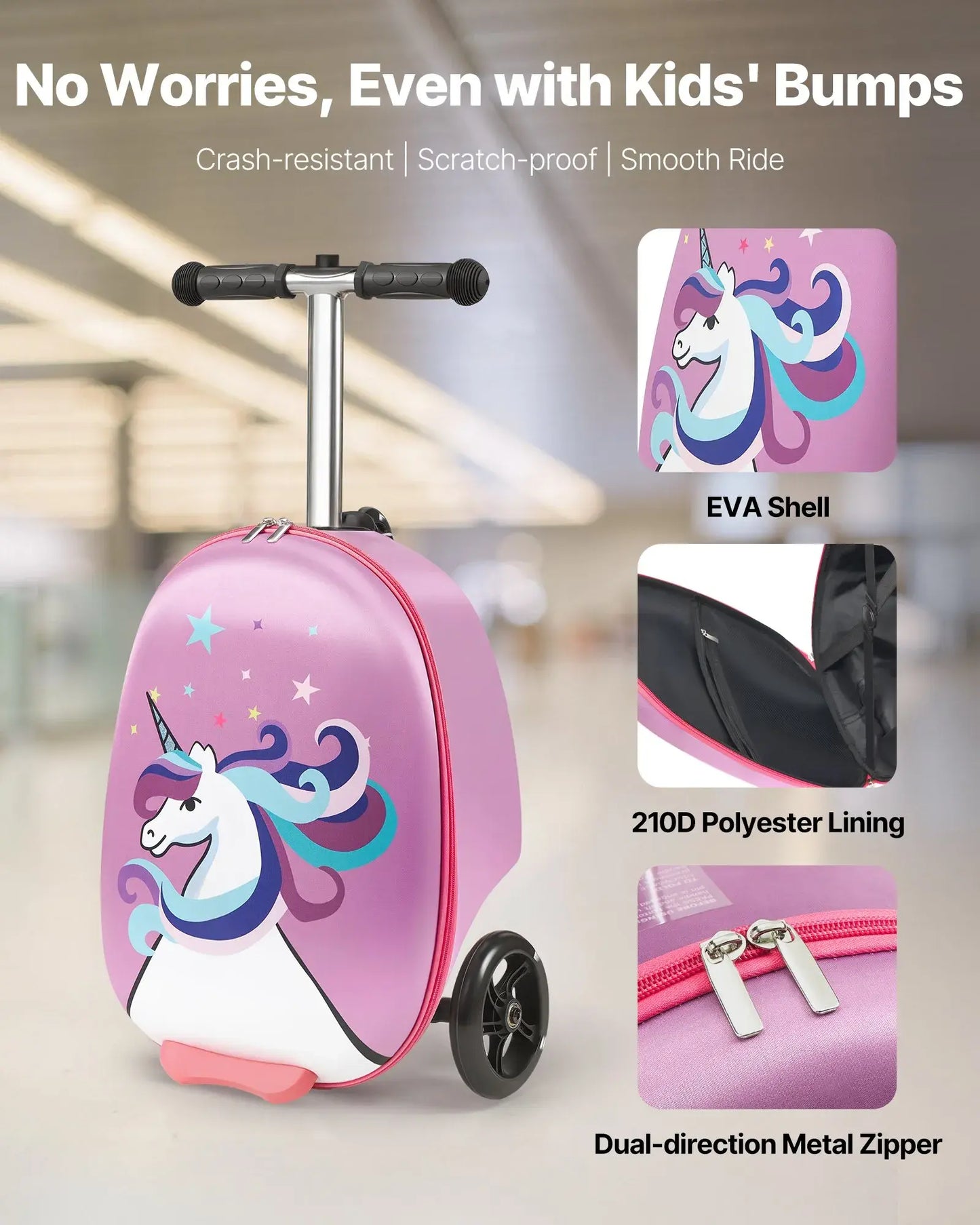 VEVOR Ride-On Luggage, Kids Scooter Suitcase with Flash PU Wheels, Adjustable Handle & TPR Non-Slip Grip, Foldable & Lightweight Scooter Luggage for Kids Aged 5+, Purple