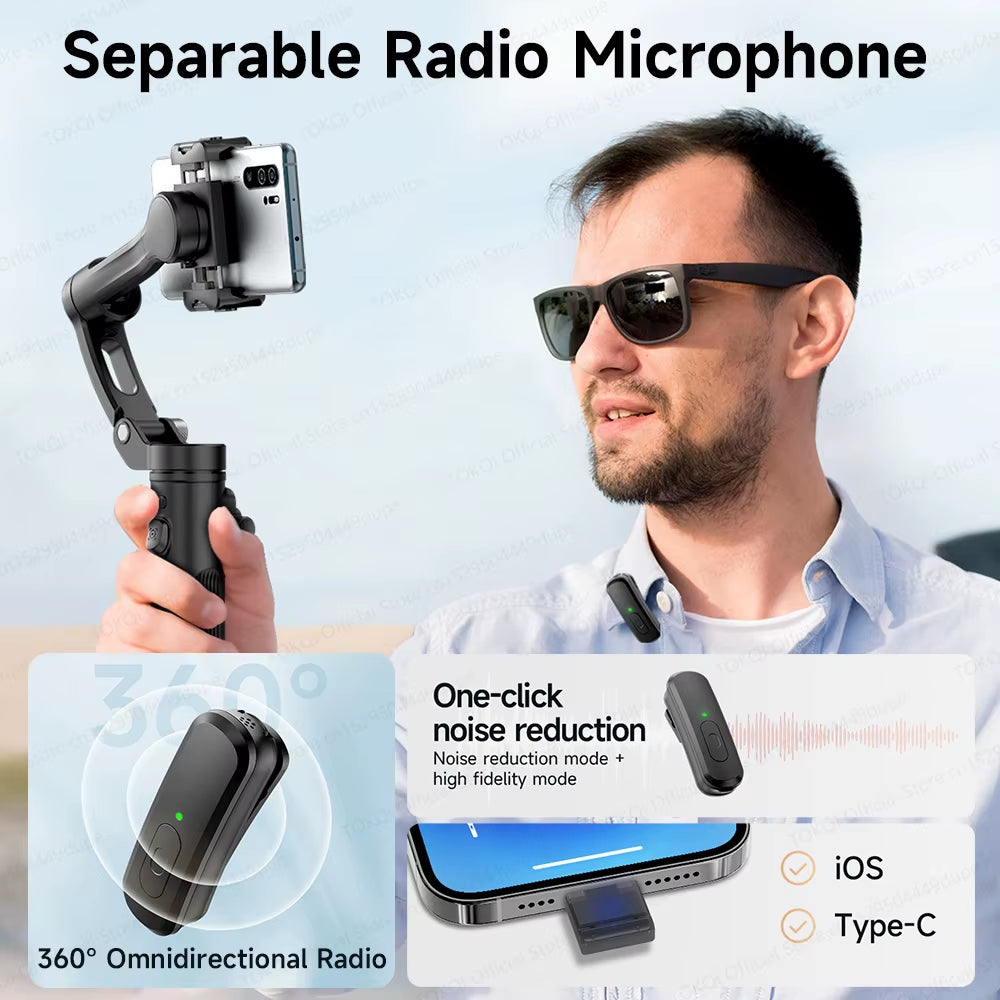 M03 Handheld Gimbal 3-Axis AI Tracking Stabilizer with Wireless Microphone for Smartphones Shooting Vlog, with Fill Light